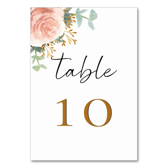 Rose gold eucalyptus greenery floral table number (Front)
