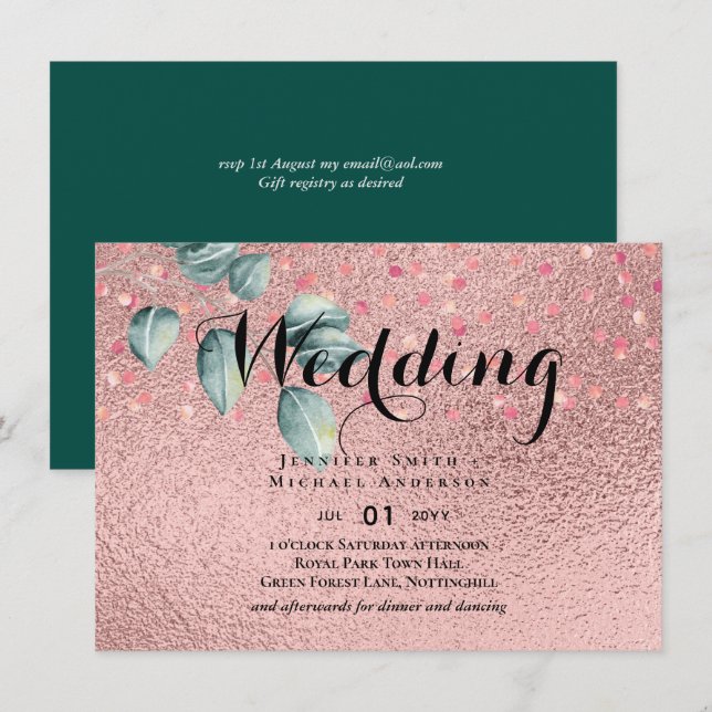 Rose Gold Eucalyptus Leaves Foil Look WEDDING (Front/Back)