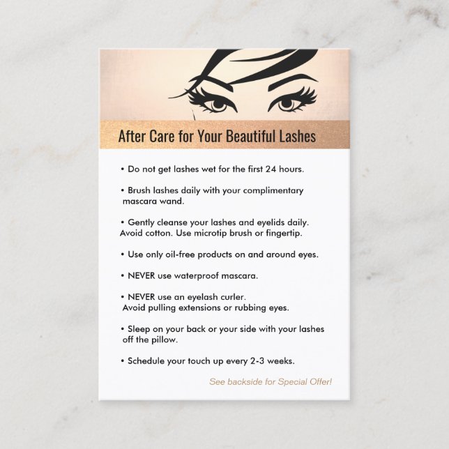Rose Gold Eyelash Extensions Aftercare Referral Card (Front)