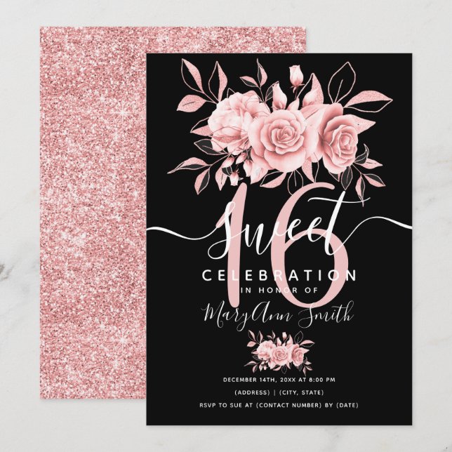 Rose Gold Fab Floral Glitter 16th Birthday Black  Invitation (Front/Back)