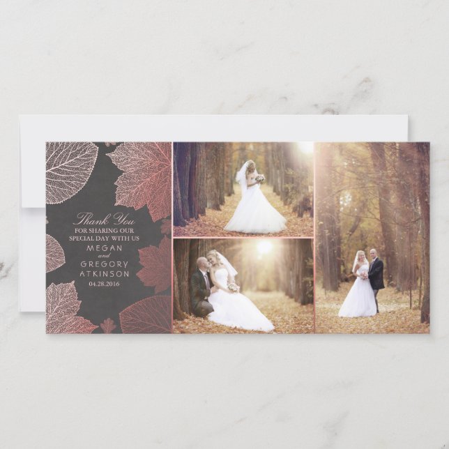 Rose Gold Fall Leaves Wedding Photo Thank You (Front)