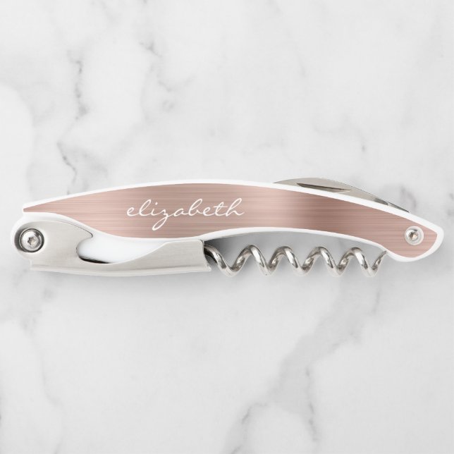 Rose Gold Faux Brushed Metal Personalized Script Corkscrew (Front)