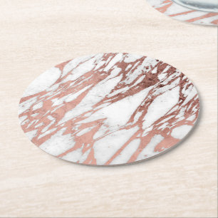 Rose Gold Faux Foil and White Marble Pattern Round Paper Coaster