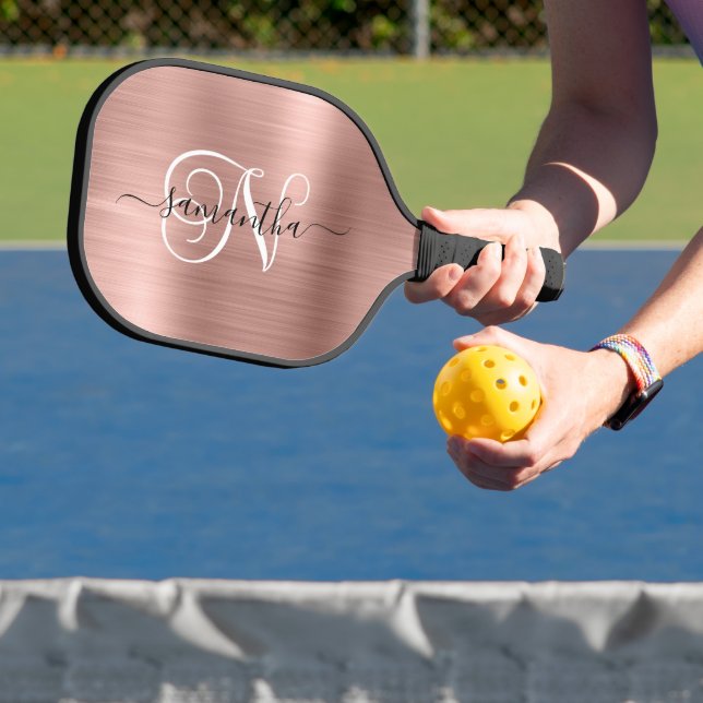 Rose Gold Faux Foil Curly Monogram Pickleball Paddle (Insitu)