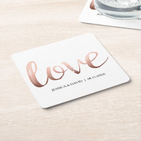 Rose Gold Faux Foil Love Square Paper Coaster