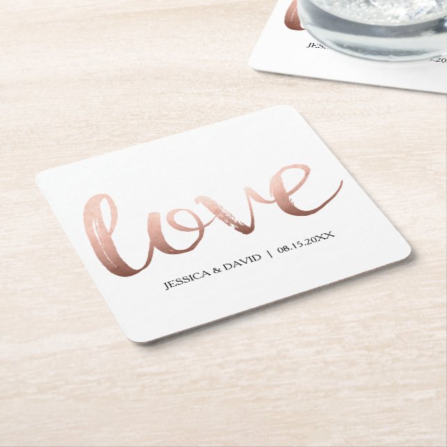 Rose Gold Faux Foil Love Square Paper Coaster (Angled)