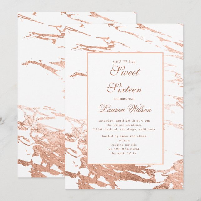 rose gold faux foil marble Quinceanera Invitation (Front/Back)