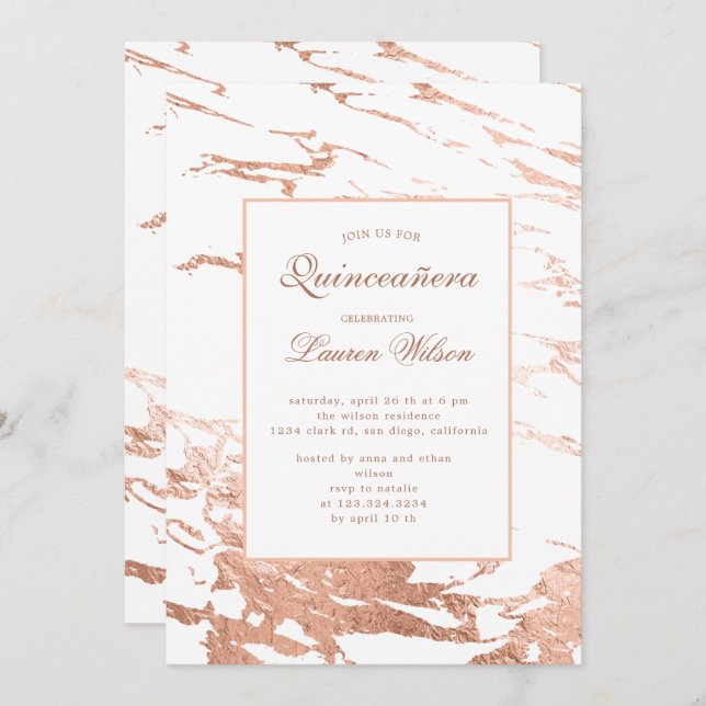 rose gold faux foil marble Quinceanera Invitation (Front/Back)