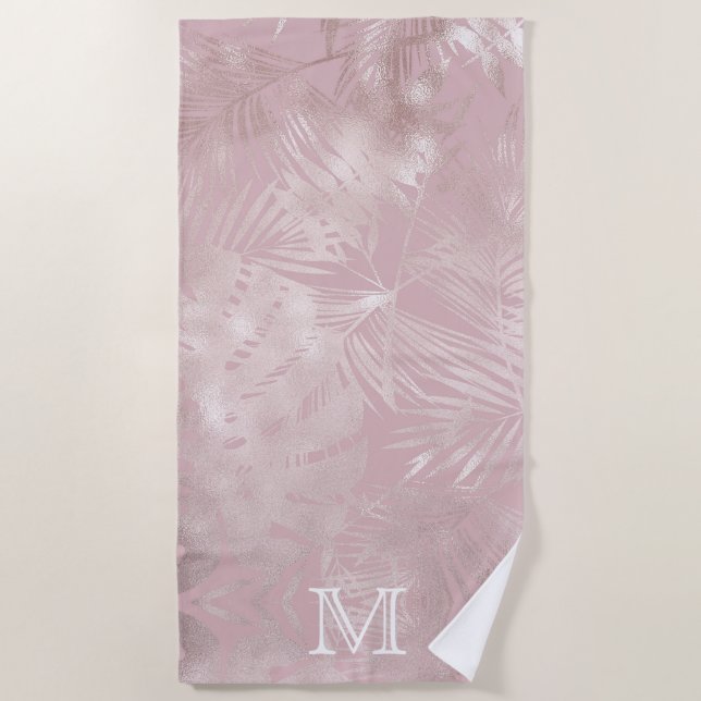 Rose gold faux foil tropical leaves monogram beach towel (Front)