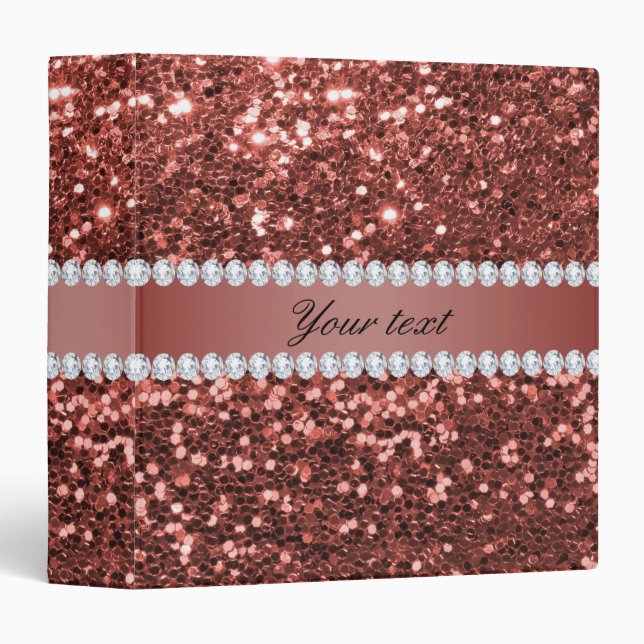 Rose Gold Faux Glitter and Diamonds Personalized Binder (Front/Spine)