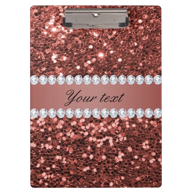 Rose Gold Faux Glitter and Diamonds Personalized Clipboard (Front)