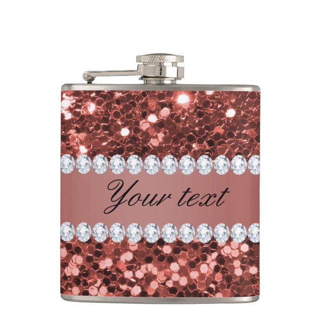 Rose Gold Faux Glitter and Diamonds Personalized Hip Flask (Front)