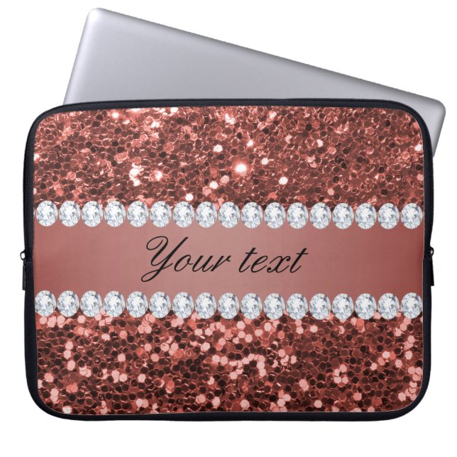 Rose Gold Faux Glitter and Diamonds Personalized Laptop Sleeve (Front)
