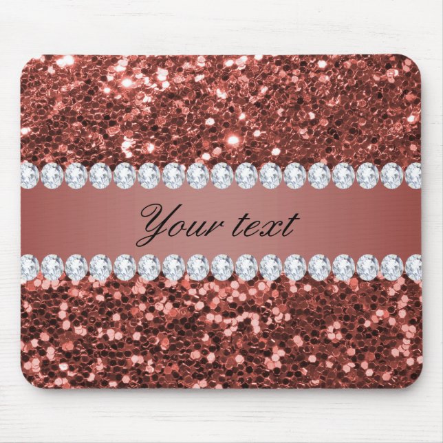 Rose Gold Faux Glitter and Diamonds Personalized Mouse Pad (Front)