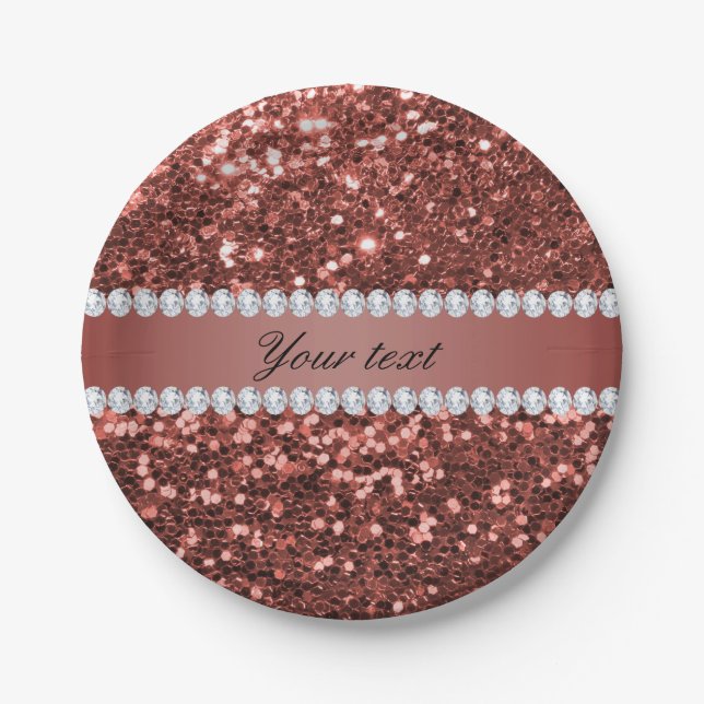Rose Gold Faux Glitter and Diamonds Personalized Paper Plate (Front)