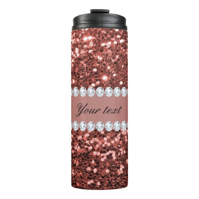 Rose Gold Faux Glitter and Diamonds Personalized Thermal Tumbler (Front)