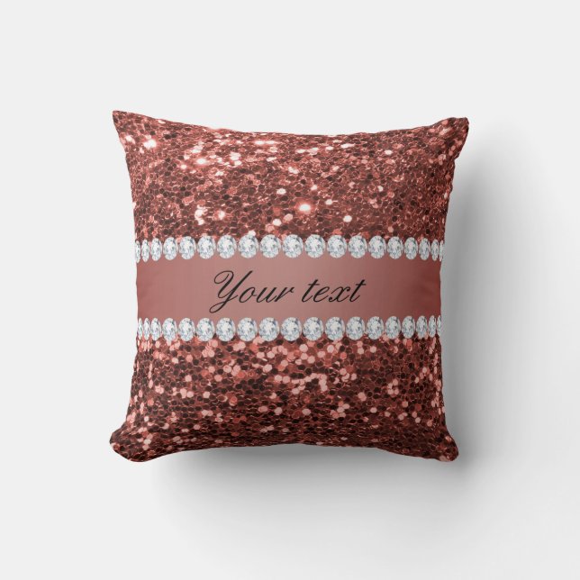 Rose Gold Faux Glitter and Diamonds Personalized Throw Pillow (Front)