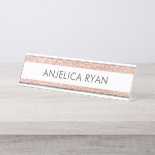 Rose Gold Faux Glitter Custom Name Desk Name Plate
