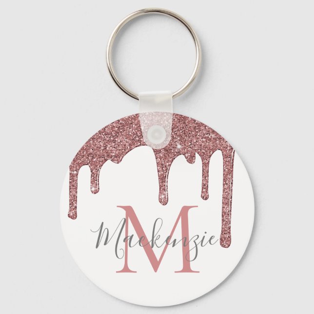 Rose Gold Faux Glitter Drips on White Monogram Keychain (Front)