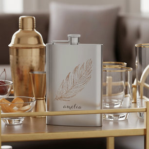 Rose Gold Faux Glitter Feather Personalized Hip Flask