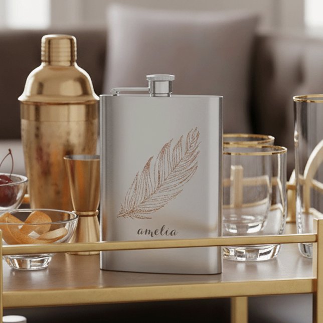 Rose Gold Faux Glitter Feather Personalized Hip Flask (Creator Uploaded)