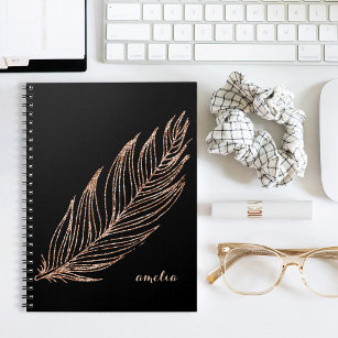 Rose Gold Faux Glitter Feather Personalized Notebook