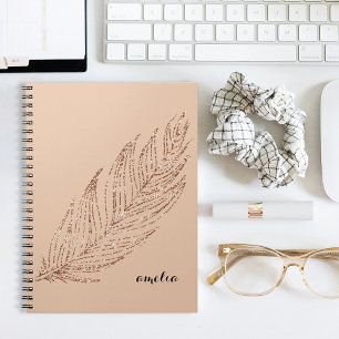 Rose Gold Faux Glitter Feather Personalized Notebook
