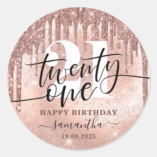 Rose Gold Faux Glitter & Foil 21st Birthday   Clas Classic Round Sticker (Front)
