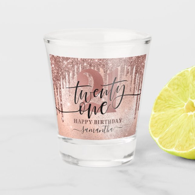 Rose Gold Faux Glitter & Foil 21st Birthday Shot Glass (Front)