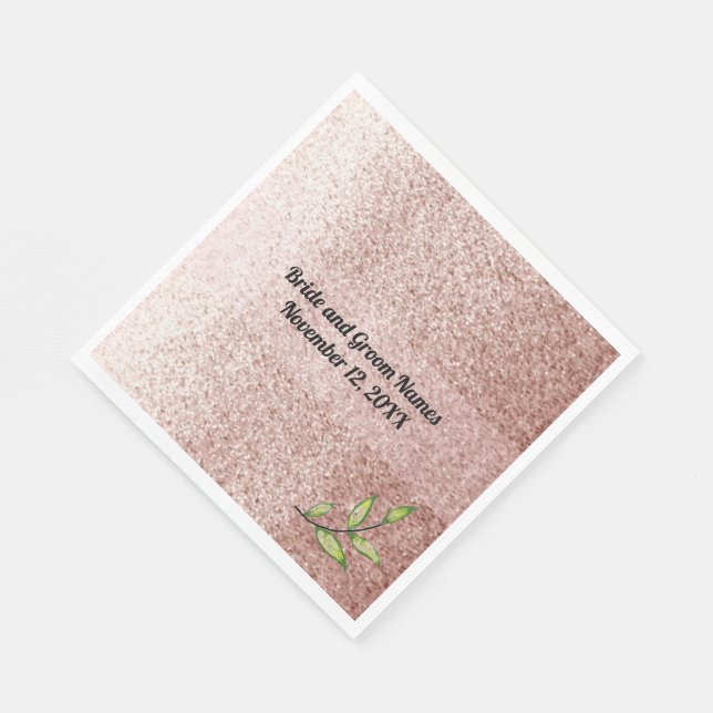 Rose Gold Faux Glitter Green Leaves Napkin (Corner)