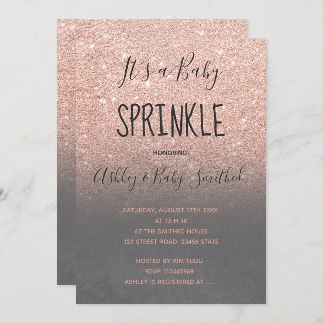 Rose gold faux glitter grey ombre baby sprinkle invitation (Front/Back)