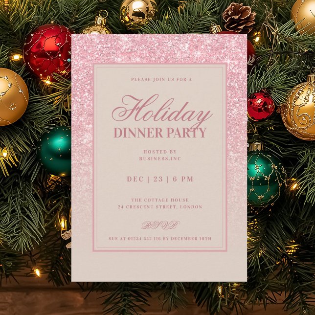 Rose Gold FAUX Glitter Holiday Dinner Champagne  Invitation (Rose Gold FAUX Glitter Holiday Dinner Champagne Invitation)