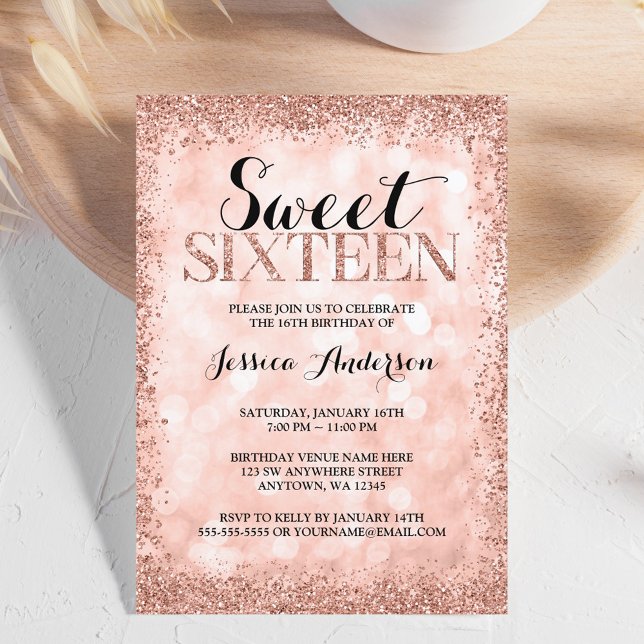 Rose Gold Faux Glitter Lights Sweet 16 Birthday Invitation (Creator Uploaded)