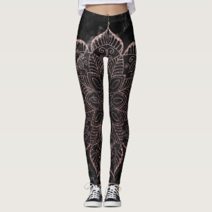 Rose Gold Faux Glitter Mandala on Black Marble Leggings