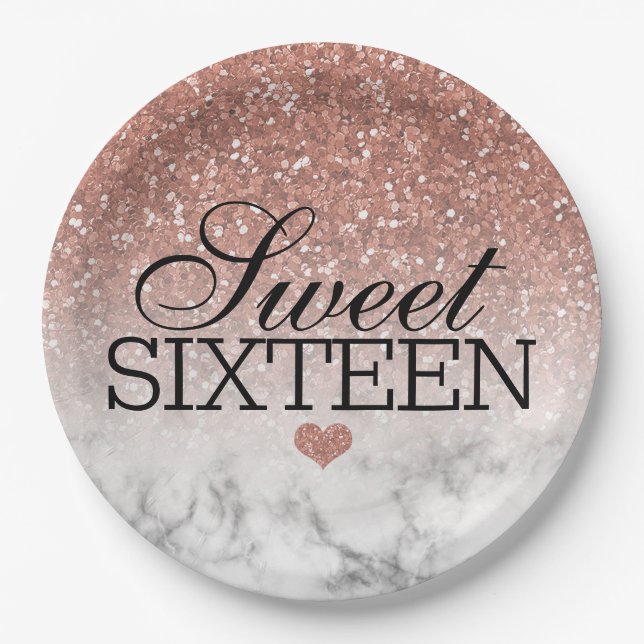 Rose Gold Faux Glitter/Marble Sweet 16 Paper Plate (Front)