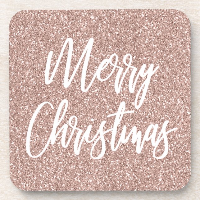 Rose Gold Faux Glitter Merry Christmas Calligraphy Coaster (Front)