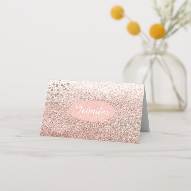 Rose Gold Faux Glitter Name Place Holder Card (Front)