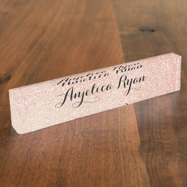 Rose Gold Faux Glitter Personalized Black Script Nameplate (Side)