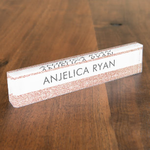 Rose Gold Faux Glitter Personalized Professional Nameplate