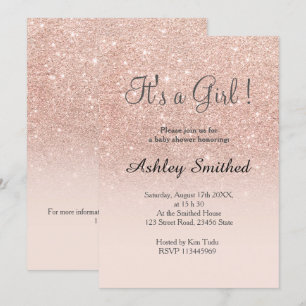Rose gold faux glitter pink girl baby shower back invitation