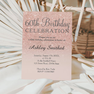 Rose gold faux glitter pink ombre 60th birthday invitation
