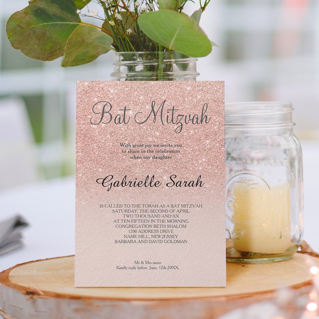 Rose gold faux glitter pink ombre Bat Mitzvah Invitation (Creator Uploaded)