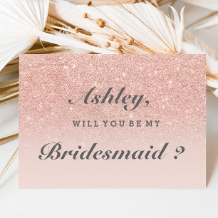 Rose gold faux glitter pink ombre be my bridesmaid invitation
