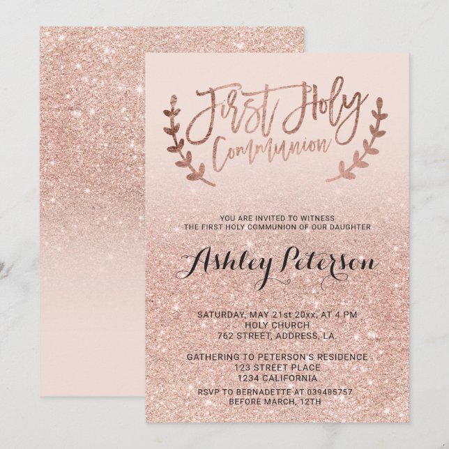Rose gold faux glitter pink ombre first communion invitation (Front/Back)