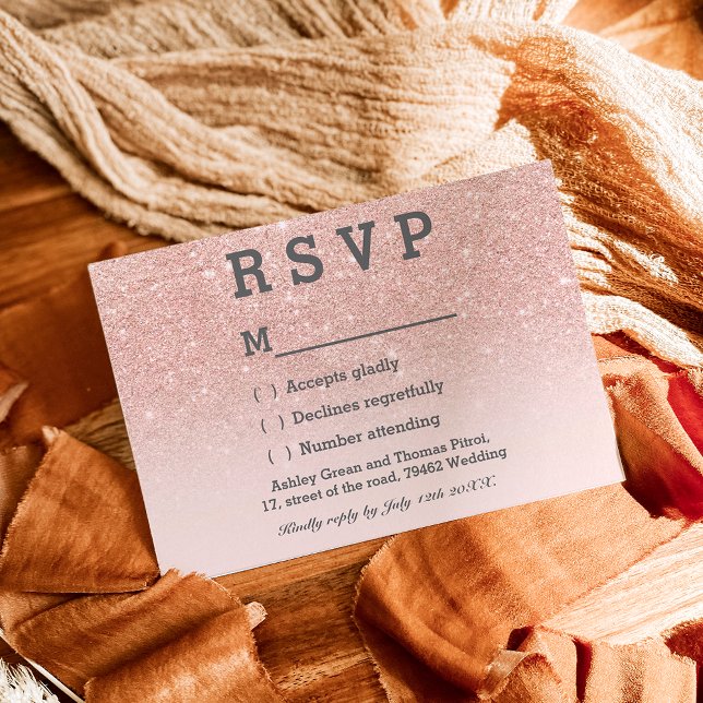 Rose gold faux glitter pink ombre RSVP wedding Card (Creator Uploaded)