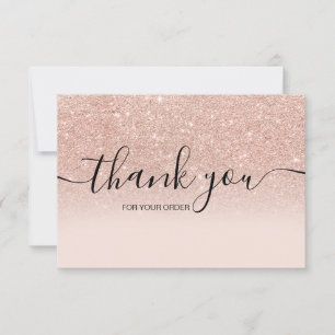 Rose gold faux glitter pink ombre script thank you card