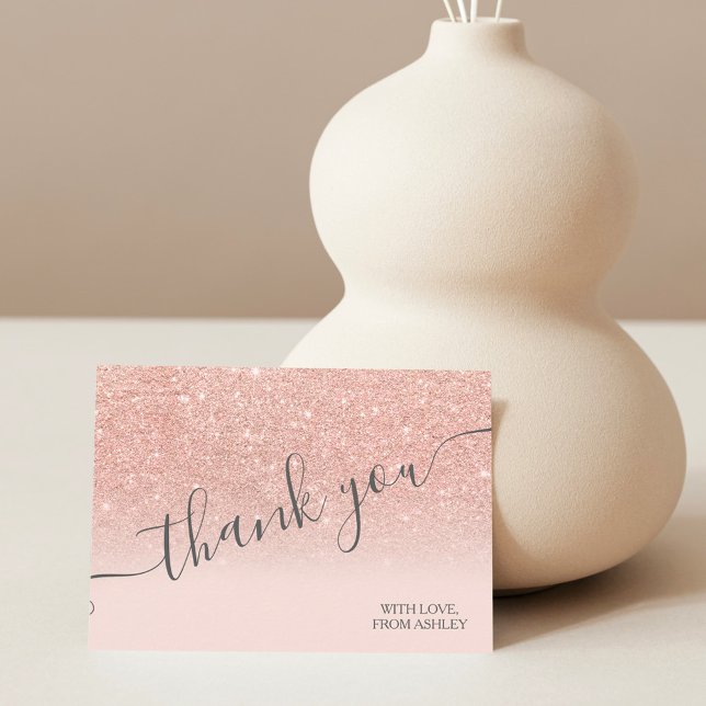 Rose gold faux glitter pink ombre script thank you card (Creator Uploaded)