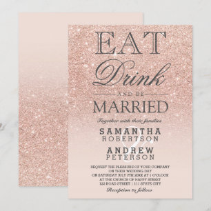 Rose gold faux glitter pink ombre script wedding invitation