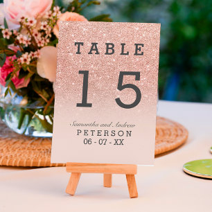 Rose gold faux glitter pink ombre wedding table table number