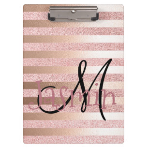 Rose Gold Faux Glitter& Rose Gold Foil Stripes Clipboard